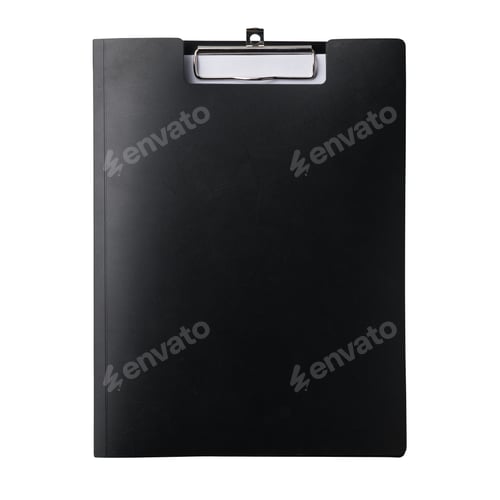 Preview: Closed black clipboard with clip at the top for papers. Folding clipboard, writing board with papers