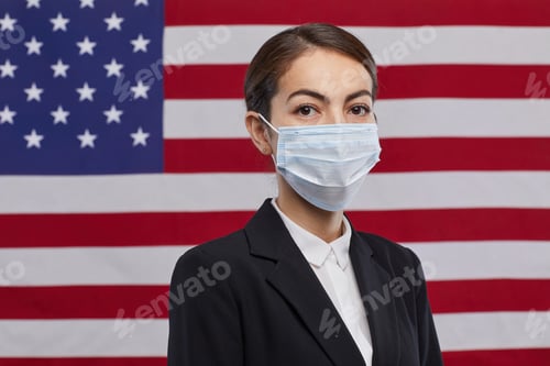 Preview: Female Politician Wearing Mask against American Flag