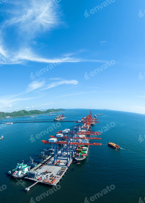 Preview: Cargo container Ship running on Bridge Cargo Shipyard. Container ship under the crane