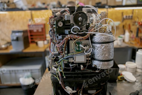 Preview: The interior of a defective espressomachine, ready to be repaired.