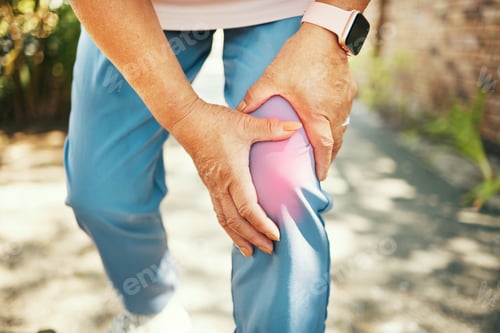 Preview: Woman, hands and injury of red knee pain for fitness, first aid emergency or health risk from exerc