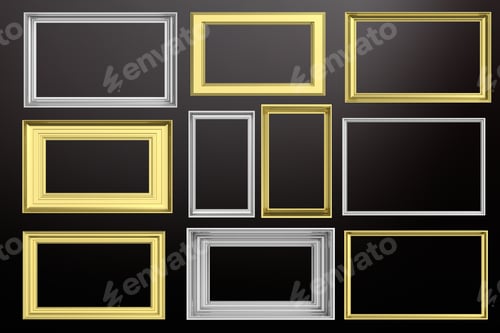 Preview: Frames golden and silver isolated on black background copy space, 3d illustration