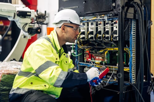 Preview: Technician engineer holding robot controller checking automatic robotic machine