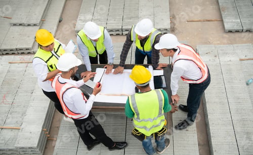 Preview: Construction engineers, architects, and foremen form a group. Participate in a meeting