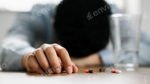Preview: Young man taking medicine to help complex symptoms for good health Effective treatment, painkiller c