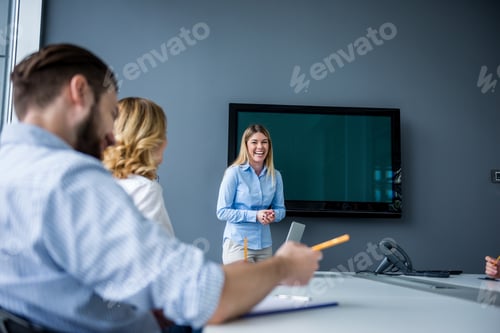 Businesswoman Leads Meeting in Modern Office Setting