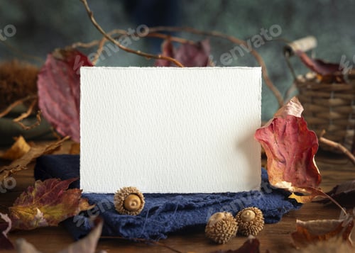 Preview: Card on wood near autumn dried leaves closeup, wedding and party mockup in blue, red and orange