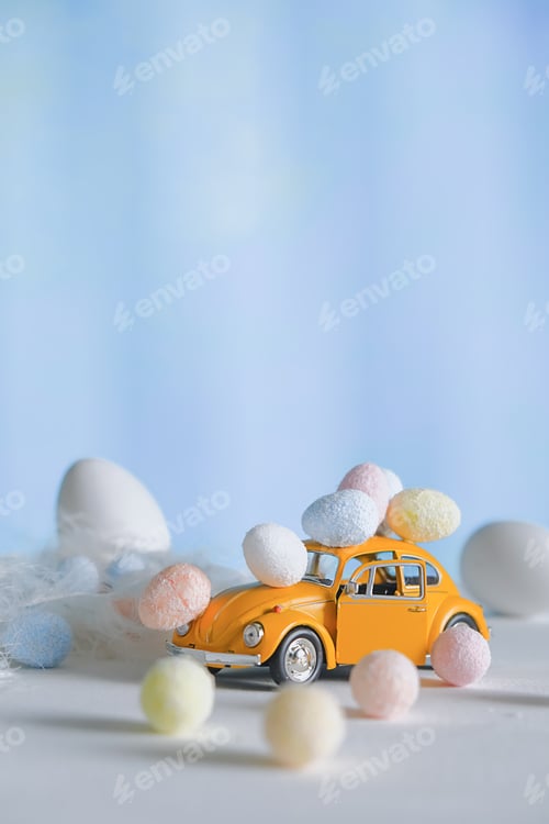 Preview: Happy easter.Easter poster with colorful easter sweet eggs and yellow car.Spring easter