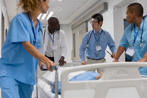 Preview: Diverse group of male and female doctors transporting patient on hospital bed