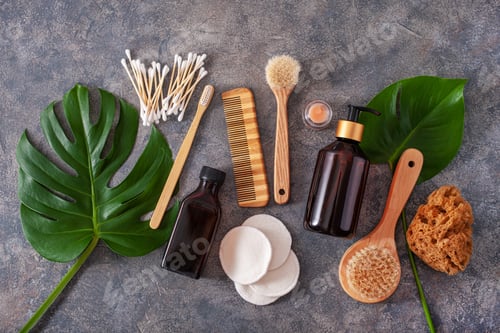 Preview: zero waste eco friendly hygiene bathroom concept. wooden toothbrush reusable pads wood buds brush