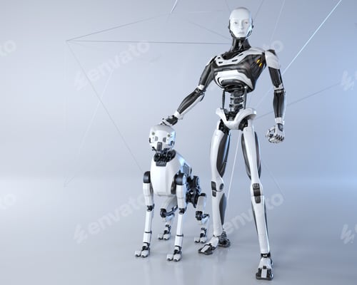 Preview: Robot and his dog posing on a light gray background