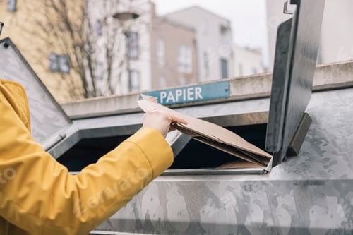 Preview: Woman recycling cardboard in a public recycling bin promoting environmental sustainability