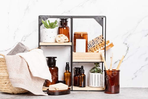 Preview: Bamboo and glass accessories for bath - jars, soap bar, brushes for personal hygiene. Zero waste