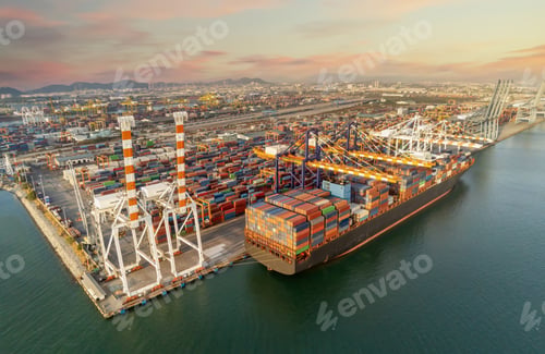 Preview: Arial view by drone camera transportation logistics and container dock cargo yard with working crane