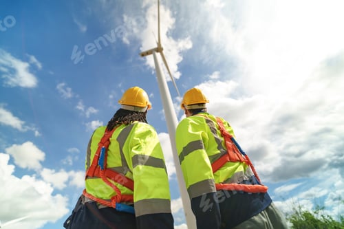 Preview: Workers inspect a wind turbine under a bright sky at a renewable energy site