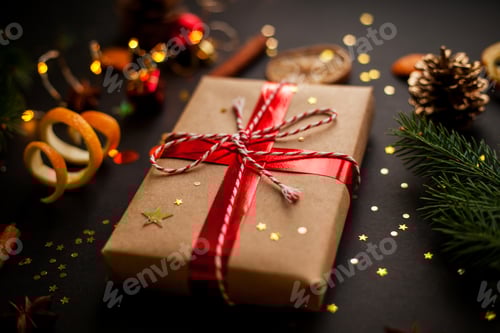 Preview: Christmas Gift Box with Red Ribbon and Decorations