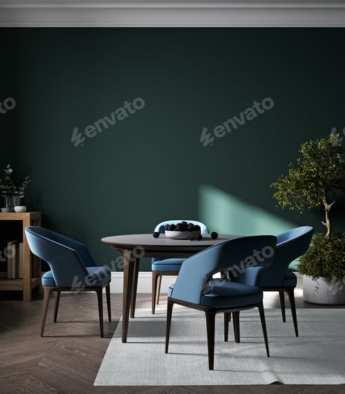 Preview: Home interior, modern dark dining room interior, green empty wall mock up, 3d render
