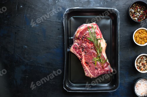Preview: Rib Eye Steak Meat Beef Fresh Juicy On The Table Serving Portion Size Top View Place Copy Space For