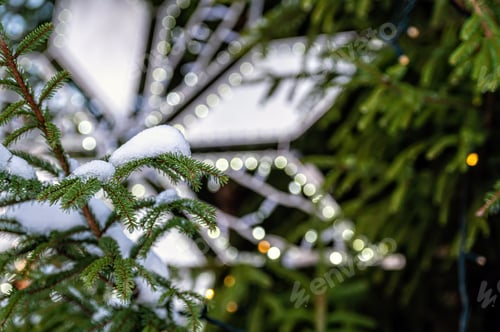 Preview: Snowy decorated Christmas tree branch with Christmas lights, Shallow depth of field