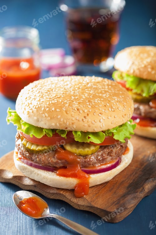 Preview: burger with beef patty lettuce onion tomato ketchup
