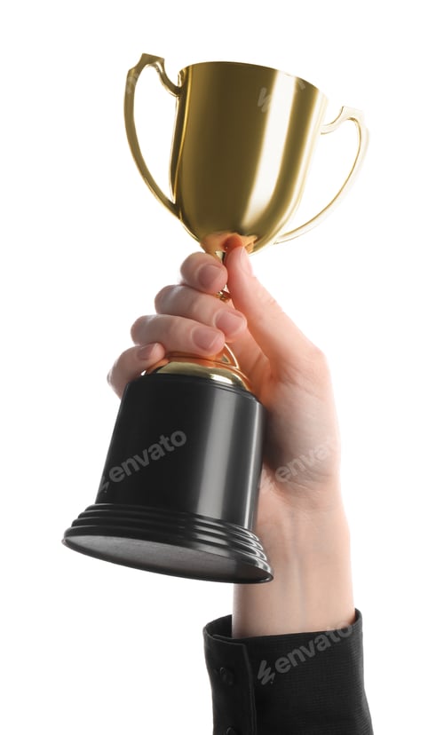 Preview: Woman holding golden trophy on white background, closeup