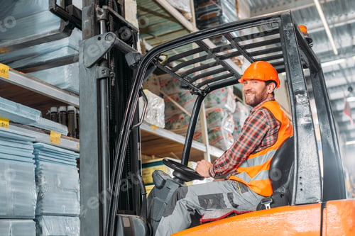 Preview: male worker in safety vest and helmet sitting in forklift machine in storage