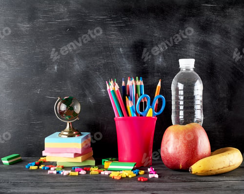 Preview: Apple, banana, bottle of water and stationery for school