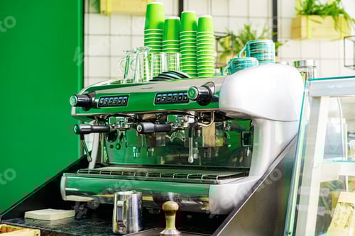 Preview: Professional coffee machine in coffee shop close up