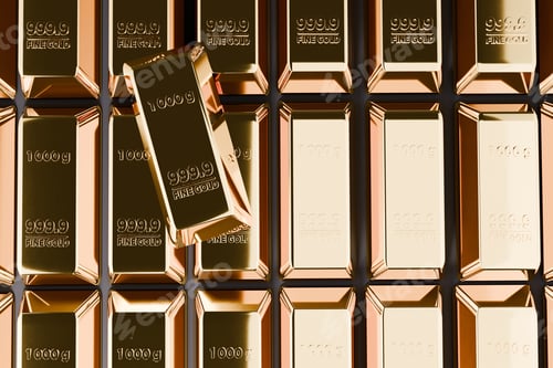 Preview: One gold bar floating above a grid of other gold bullion ingots. Concept