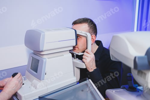 Preview: Checking a man's vision with a modern microscope at an appointment with an ophthalmologist