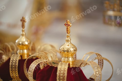 Preview: Wedding golden crowns ready for wedding ceremony in orthodox church