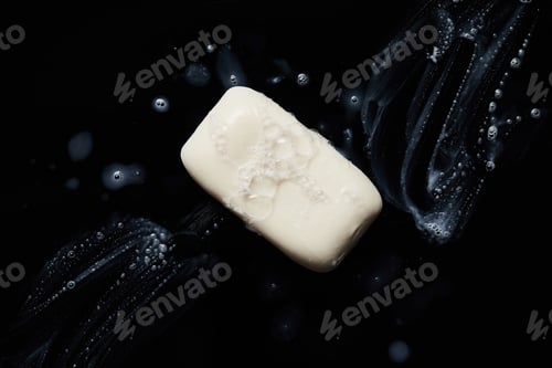 Preview: top view of white soap with drops on black background