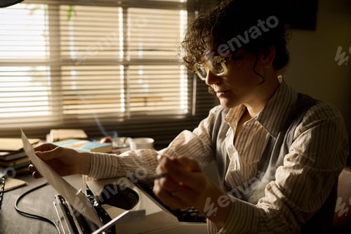 Preview: Young Adult Caucasian Woman Reading Manuscript While Typing on Typewriter