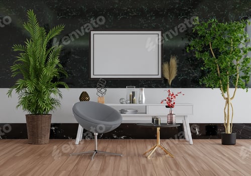 Preview: 3D mockup photo frame with houseplant in living room rendering