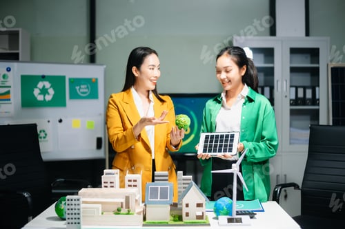 Preview: Businesswomen presenting ESG and sustainability strategy with renewable energy, green city model,
