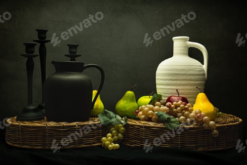 Preview: Stunning still-life shot depicting an arrangement of jugs, grapes, and pears in a Renaissance style