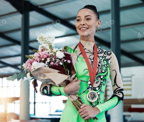 Preview: Woman, gymnastics and winner, medal and flower bouquet, happy with celebration and winning competit