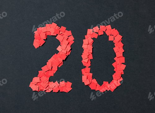 Preview: number twenty sign made from small pieces of red colored applique paper squares