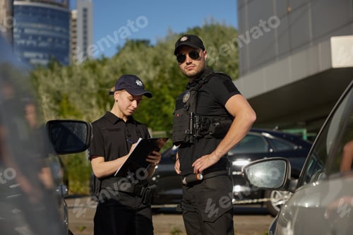 Preview: Patrol police team working on city street with parked cars
