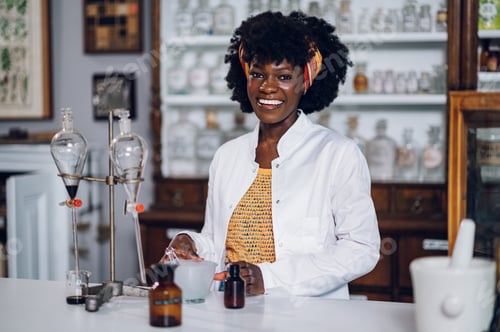Preview: Interracial pharmacist is standing in a vintage apothecary