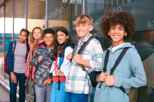 Preview: Portrait Showing Class Of Secondary Or High School Pupils Standing Outside School Building