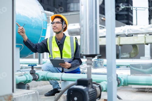 Preview: Engineer checks valves, water tanks, pumps and equipment related to hot water production pipe
