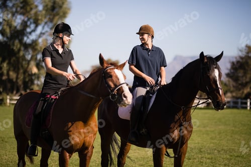 Preview: Female friends talking while sitting on horse at barn