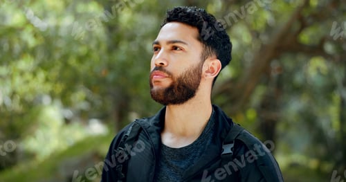 Preview: Man, thinking and hiking in nature forest, Brazilian amazon woods or sustainability environment for
