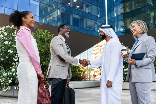 Preview: Group of multiethnic business people meeting an emirati businessman