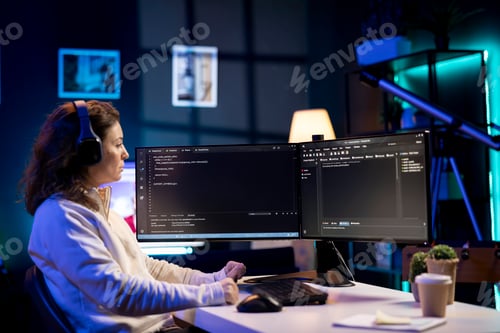 Preview: Woman listening music while doing software quality assurance