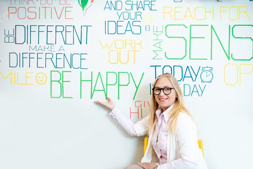 Preview: Woman on the wall background with various inscriptions