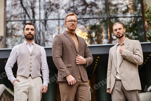 Preview: concentrated good looking business leaders in elegant outfits posing together while working hard