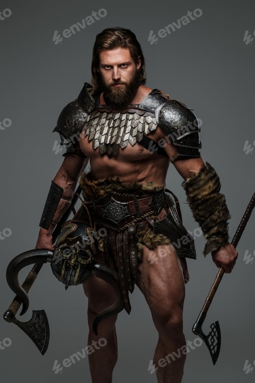 Preview: Bearded viking with long hair holding a two axes