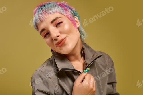 Preview: Colorful youth embraces confidence in vibrant studio setting with playful expression